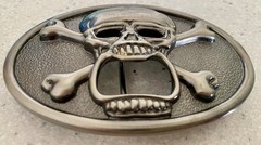 Kalan Skull & Crossbones Belt Buckle Bottle Opener Novelty Silver Tone Oval