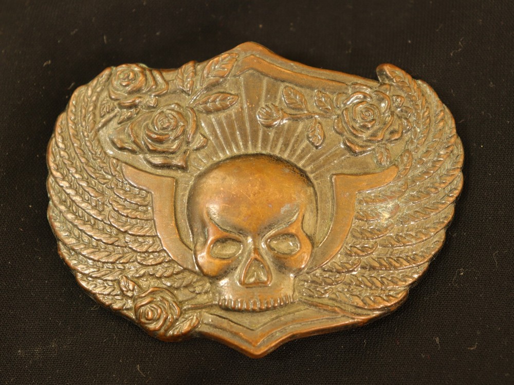 Winged Head Skull Pewter Belt Buckle Vintage Brass Flying Skull With Roses, USA
