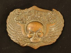 Winged Head Skull Pewter Belt Buckle Vintage Brass Flying Skull With Roses, USA