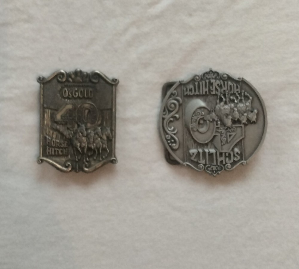 2 Vintage Belt Buckles One Schlitz 40 Horse And A O&rsquo;s Gold 40 Horse Hitch…
