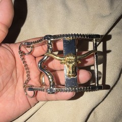 Western Chain Bit Bull Head Design Silver Tone with Gold Accent Curb Chain