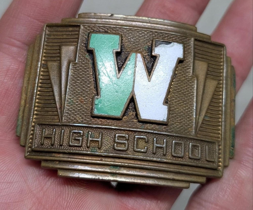 1950s vintage VERITHIN belt buckle « W » high school BRASS giant grip WESTERN