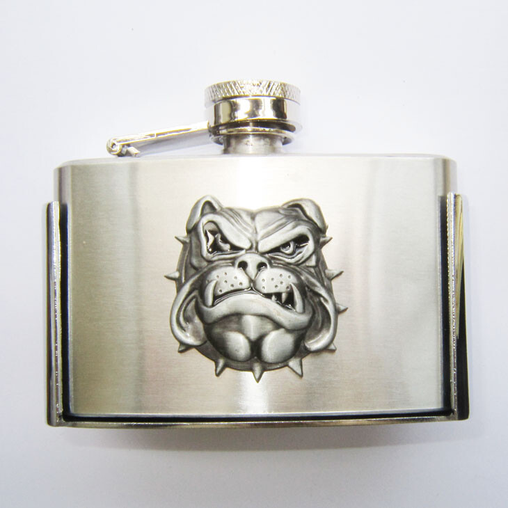 3oz. Bull Dog Stainless Steel Flask Metal Removable Concealed Belt Buckle