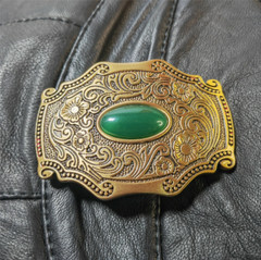 Jade & Grass Solid Brass Mens Belt Buckle Western Cowboy Vintage Antique