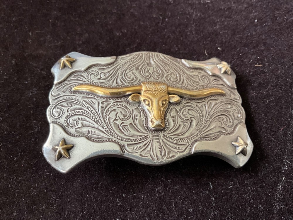 SILVER/GOLD Tone BELT BUCKLE WESTERN TEXAS LONGHORN STEER BULL COWBOY STARS 3”