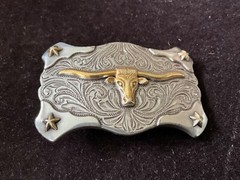 SILVER/GOLD Tone BELT BUCKLE WESTERN TEXAS LONGHORN STEER BULL COWBOY STARS 3”