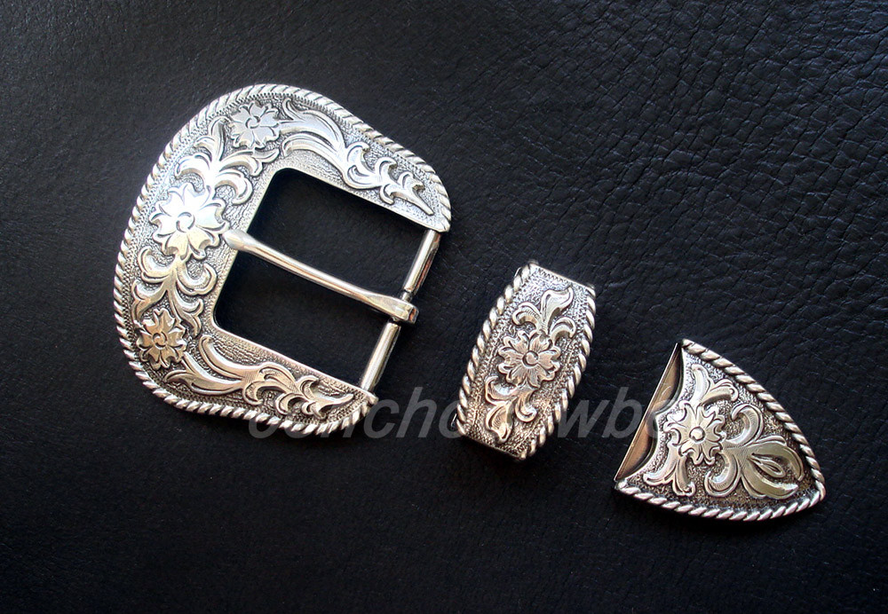 WESTERN COWBOY ANTIQUE FLORAL ENGRAVED ROPE EDGE BUCKLE SET FITS 1-1/2&Prime; BELT