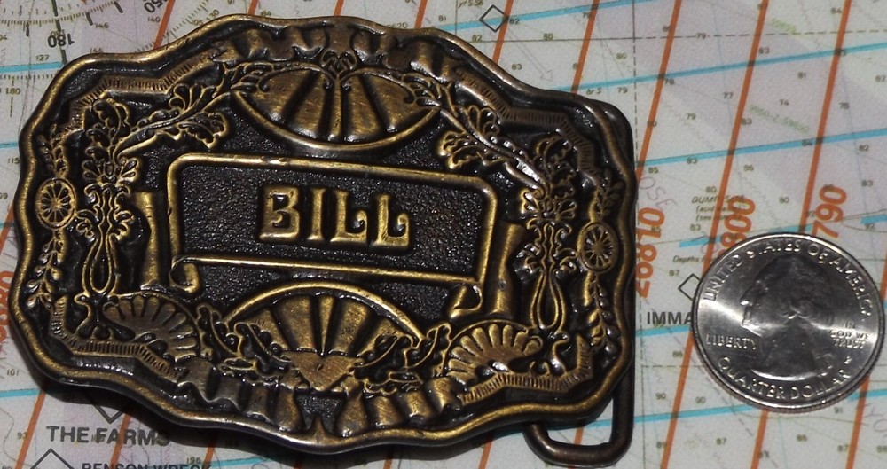 VINTAGE 1970&rsquo;s BRASS BELT BUCKLE « BILL » by ODEN INC. *L@@k !!