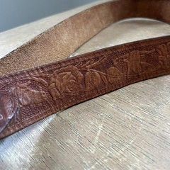 Brass Moose Belt Buckle w/Hand Tooled Brown Leather Western Wear Belt Size 40
