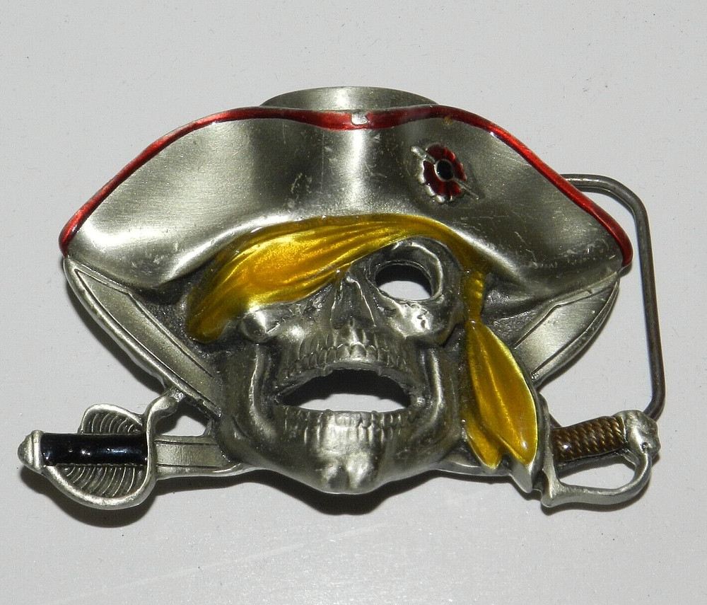 Vintage Pirate Skull Crossbones Cross Swords Belt Buckle Halloween Costume