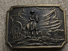 Vintage Western Belt Buckle Pioneers Wagon Train Trail Cowboy Horse