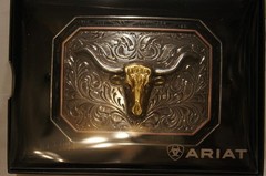 Ariat Western Rectangle Longhorn Silver & Gold tone Belt Buckle A37057