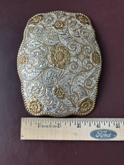 Crumrine Western Belt Buckle Two Tone Silver Gold Floral Scroll El Arturo Bronze