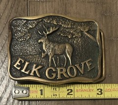 “Elk Grove” Collectors Vintage Brass Belt Buckle by D. Stewart & Co, Ione Ca