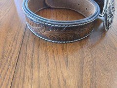 SSI Metal Handcrafted Belt Buckle Horses And Indian USA W/Leather 34&Prime; Belt