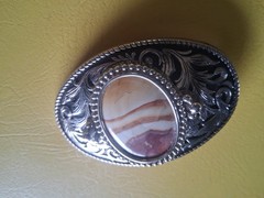Vintage Western Oval Belt Buckle Silver Tone w/ Agate Stone Cowboy Rodeo