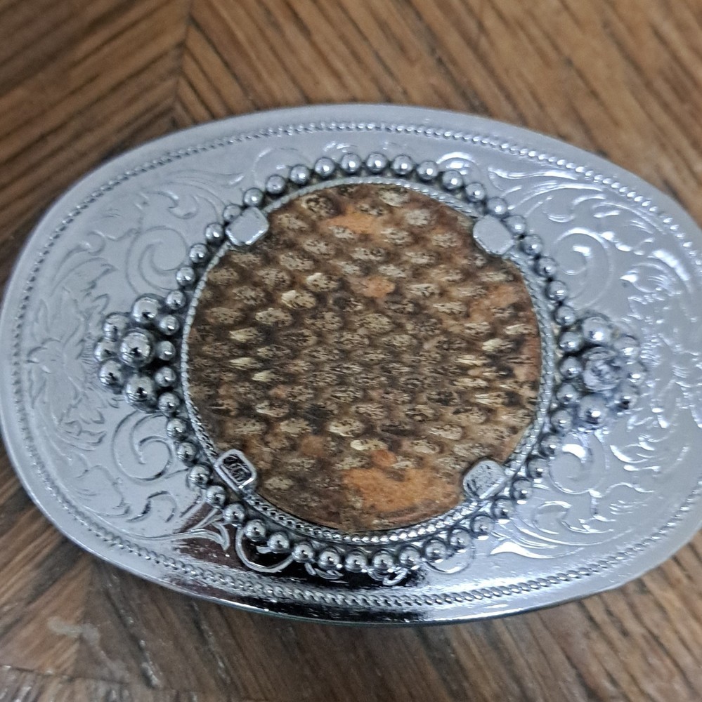 Silver Metal Oval Western Belt Buckle Men 1.5&Prime; Brown Animal Print Inlay Bead