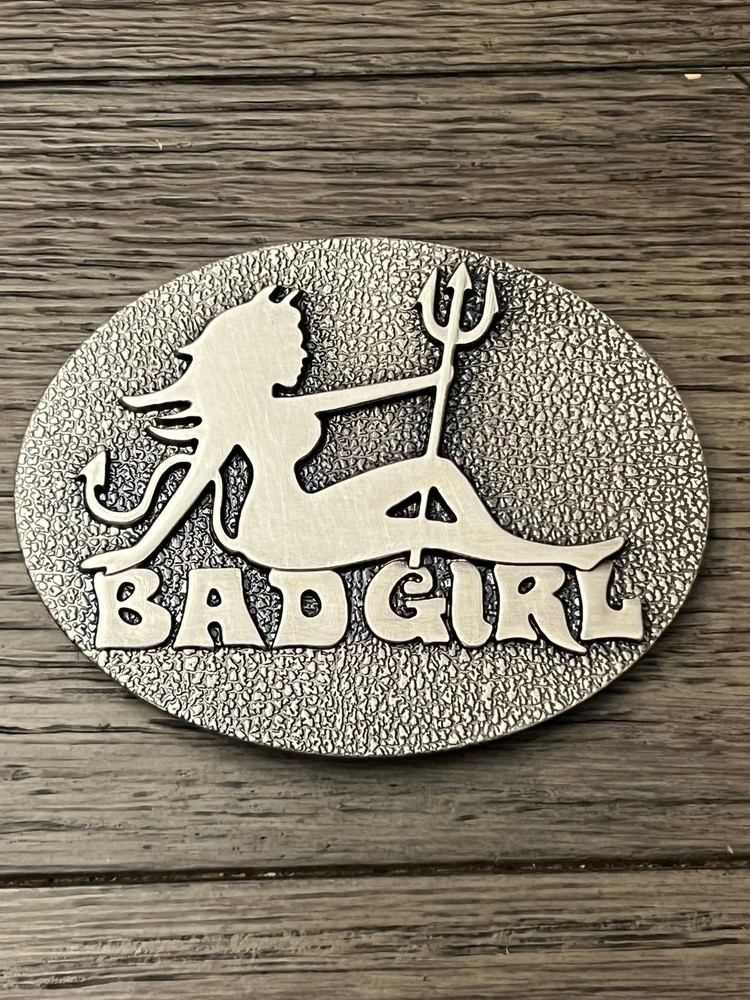 Bad Girl Belt Buckle Oval Silver Mermaid Trident Metal Western Punk Accessory