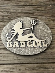 Bad Girl Belt Buckle Oval Silver Mermaid Trident Metal Western Punk Accessory