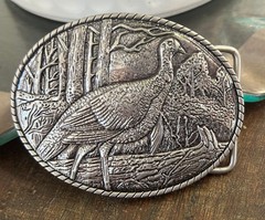 Silver Turkey Belt Buckle Engraved Hunting Scene Made in USA Western Cowboy