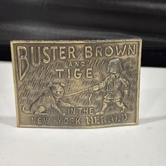 BUSTER BROWN AND TIGE Belt Buckle Lewis Buckles Chicago 3” x 2.25” Heavy Brass