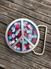 PSYCHEDELIC acrylic swirl PEACE SIGN silver BELT BUCKLE colorful 2&Prime; diameter