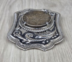 Vtg 1923 Peace Silver Dollar Coin Belt Buckle Engraved Scrollwork Western Cowboy