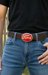 Ford Belt Buckle , Red Enamel Fill Pewter Finish