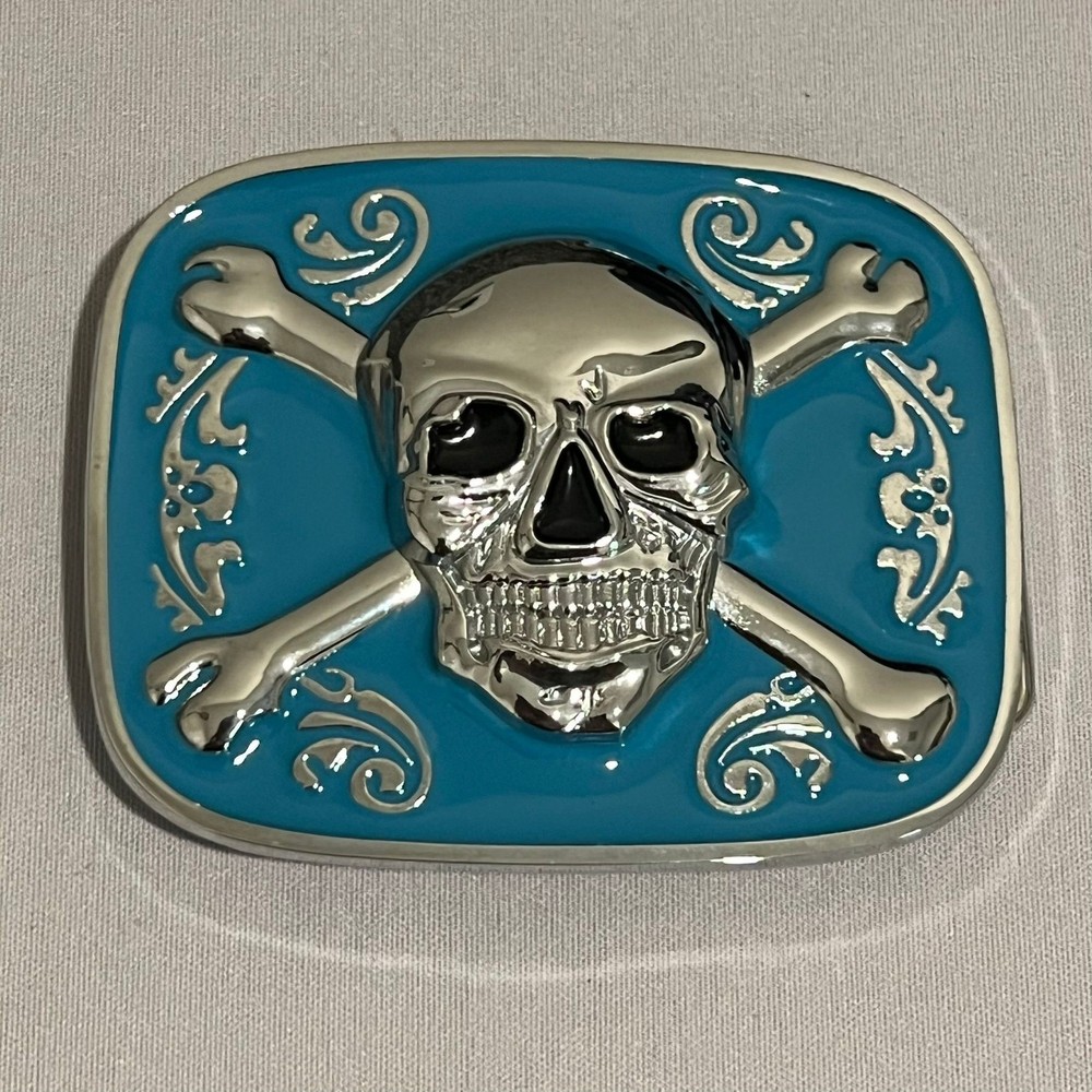 Skull Crossbones Belt Buckle Mens Turquoise Enamel Silver Tone Pirate Statement