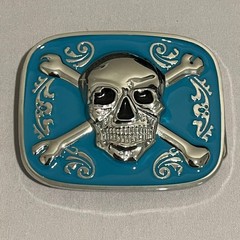 Skull Crossbones Belt Buckle Mens Turquoise Enamel Silver Tone Pirate Statement