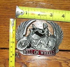 Hell on Wheels Motorcycle Belt Buckle Skull Skeleton Rebel Southern Wings