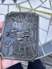 Vintage 1970’s Brass Cowboy Western Covered Wagon Train Belt Buckle Pioneers