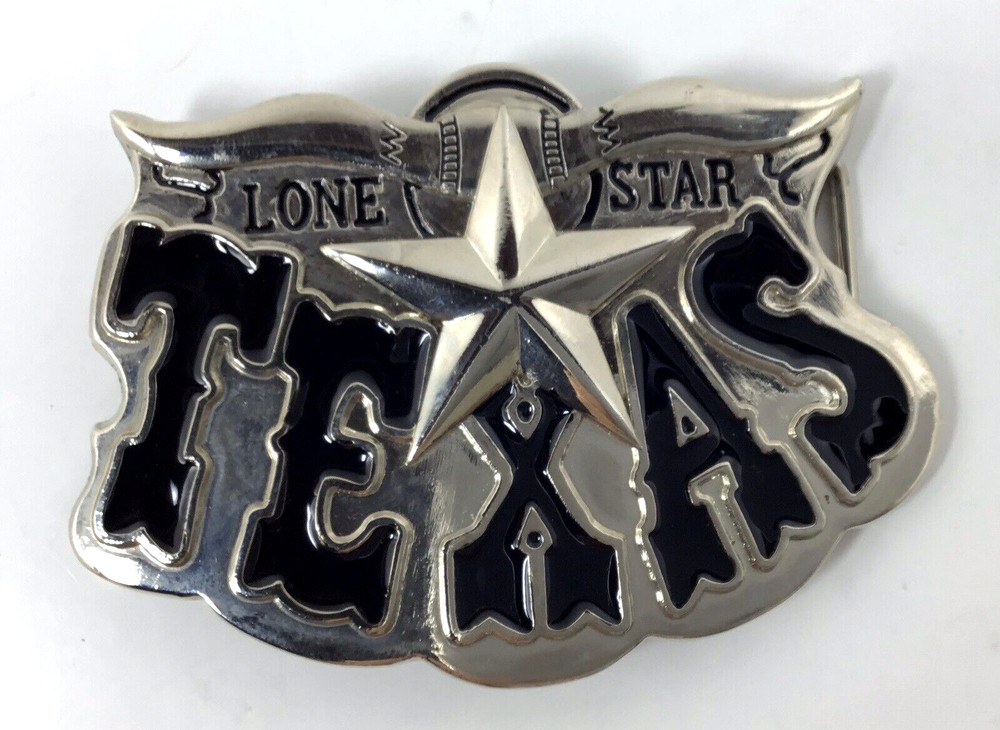 Lone Star TEXAS Belt Buckle 4&Prime; Longhorn Texan Silver & Black Enamel Vintage