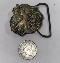 Lewis Pewter Metal Belt Buckle Vintage 1975 Art Nouveau Head Breasts Flowers