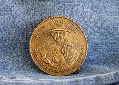 Coca Cola Belt Buckle vtg brass woman soda fountain Atlanta Ga 70&rsquo;s round soda