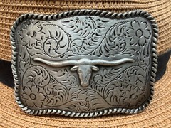 Classic Vintage Western Cowboy Antiqued Silver Long Horn Bull Floral Belt Buckle
