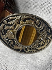 Tiger Eye Brass Tone Brown Belt Men Ladies Leather Embossing Western Cowboy