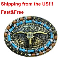 Gold Western Cowboy Belt Buckle Men Women Turquoise Cow Skull Belt Buckle NEW