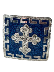 Western Mens Belt Buckle 3.25 x 3 in Southern Cross Cowboy Blue Silver 1.5