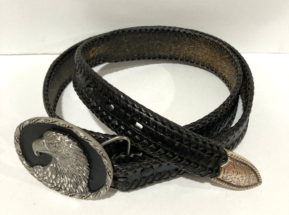 1992 Colorado Silver Star Eagle Head Buckle with Black Leather Belt Size 38 USA