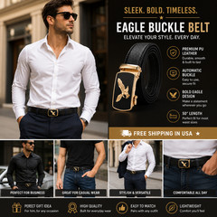 Men&rsquo;s Eagle Buckle Ratchet Belt Black PU Leather Adjustable 50&Prime; Waist