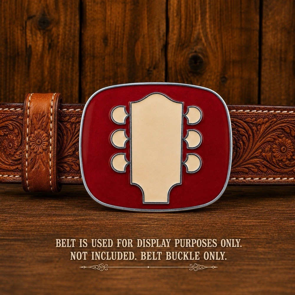 Guitar Headstock Belt Buckle Red Enamel Silver Tone Metal 3&Prime; x 2.5&Prime;