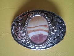 Vintage Western Oval Belt Buckle Silver Tone w/ Agate Stone Cowboy Rodeo