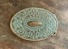Antique Turquoise Brass Belt Buckle Oval Engraved Western Cowgirl Style