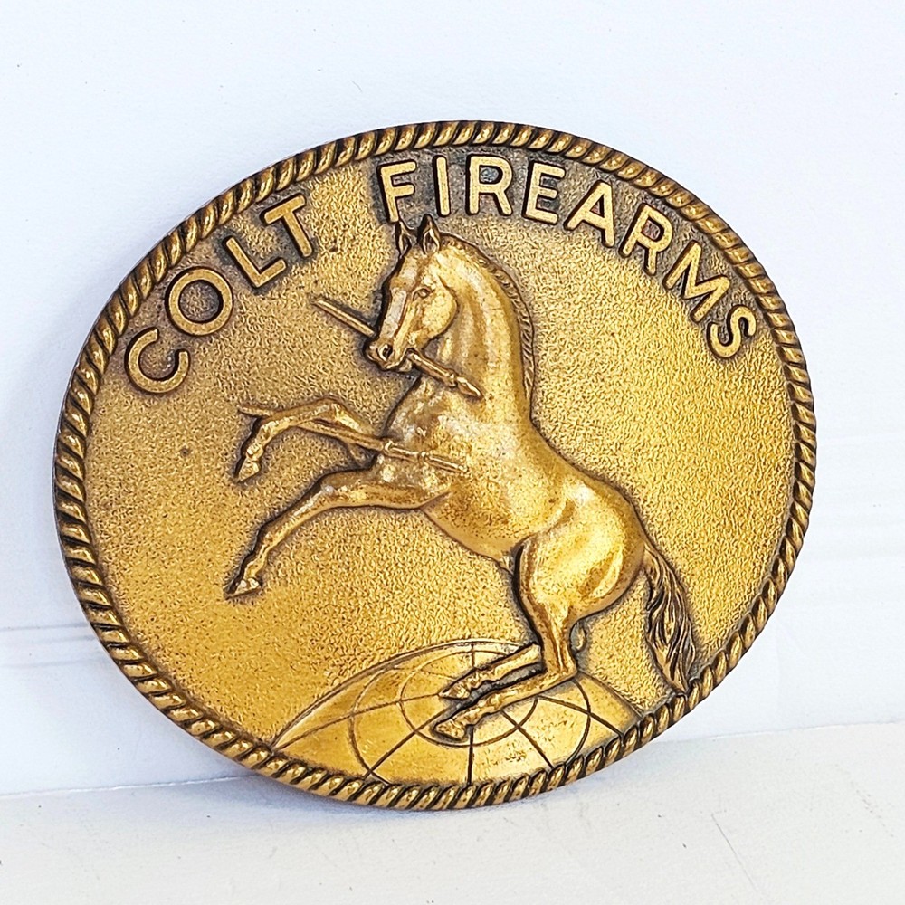 70&rsquo;s Colt Firearms Belt Buckle Signed Brass Tone Rampant Colt Horse Logo Western