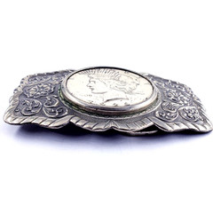 NICKEL SILVER BELL Vintage 1926 Morgan Dollar Coin Ornate Belt Buckle 3.25×1.25&Prime;