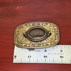Western Belt Buckle Mens Brass Tone Brown Oval Agate Cabochon Scrollwork Cowboy