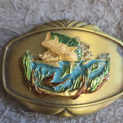Paintree Vintage 1978 Western Cowboy Oval Gold Tone Belt Buckle Blue Green