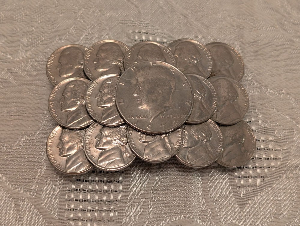 Vntg Handmade Coin Belt Buckle 1974 Kennedy Half Dollar & 1981 Jefferson Nickels
