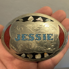 Vintage Western Oval Engraved Floral Belt Buckle w/ Inlay, “JESSIE” Fits 1.5 in